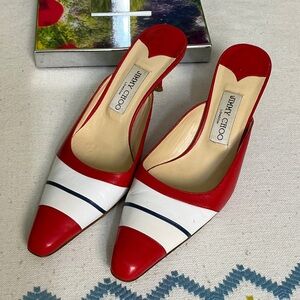 Jimmy Choo Red, White and Navy Leather Slingback Mules. #1312